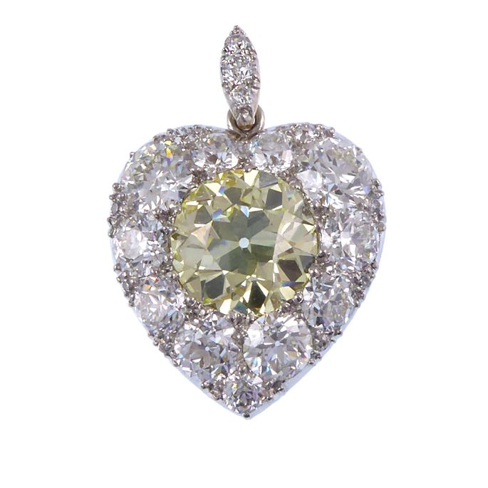   Tiffany - Antique yellow and white diamond cluster heart pendant by Tiffany, c.1890, the central old round brilliant cut fancy yellow VS1 diamond weighing 6.12ct, | MasterArt